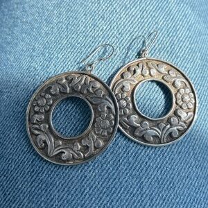 Sterling silver carved flower hoop earrings